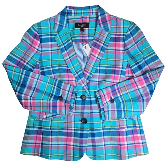 Talbots Jackets & Blazers - Talbots Petite 4P Madras Plaid Linen Blend Blazer Blue Pink Green Ruffle Cuff